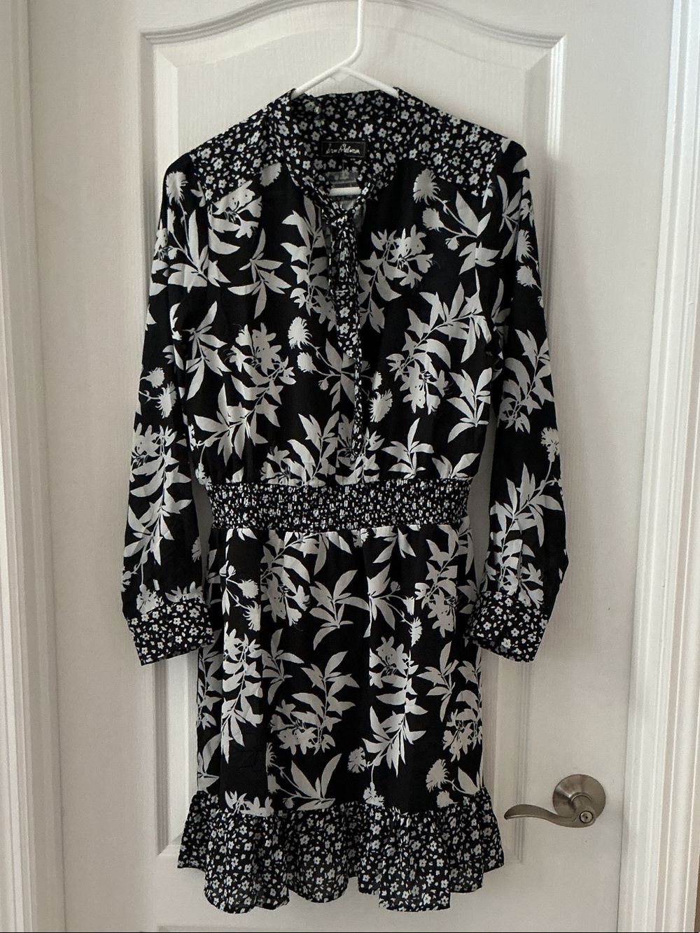 Sam Edelman Black and White Floral Long-Sleeve Smocked-Waist Dress